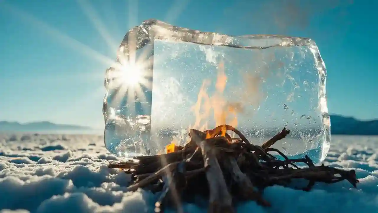 Ice lens focusing sunlight to start fire