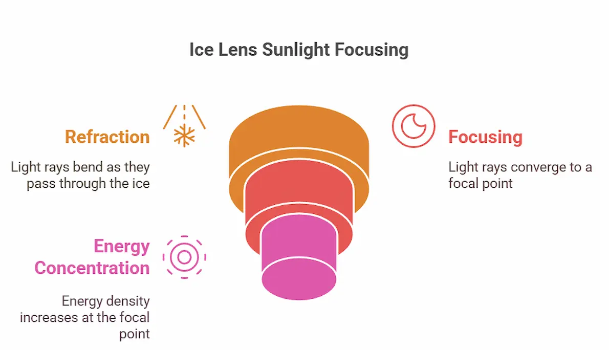 An image of convex lens explaining Physics involved in making fire from ice